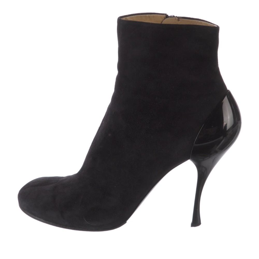 Miu Miu Black Ankle Heeled Boots Sleek Suede Design Size 36.5 Quiet Luxury